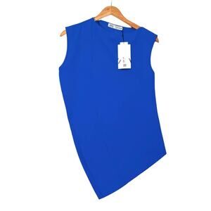 Zara Asymmetrical Sleeveless Top Sz S Royal Blue Curved Hem Stretch Knit Blouse